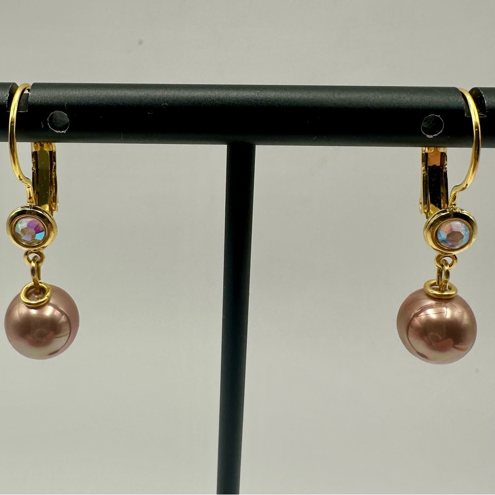 Kirks Folly Gold Tone Pink Rhinestone Lever Back Earrings Facet Aurora Borealis